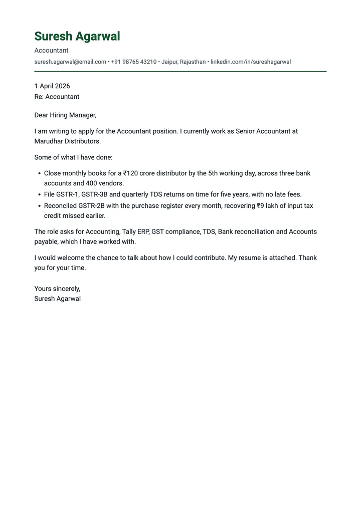 Sample Accountant cover letter, one A4 page