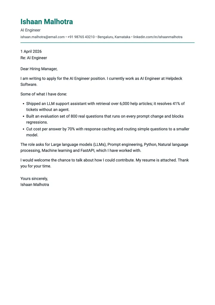 Sample AI Engineer cover letter, one A4 page