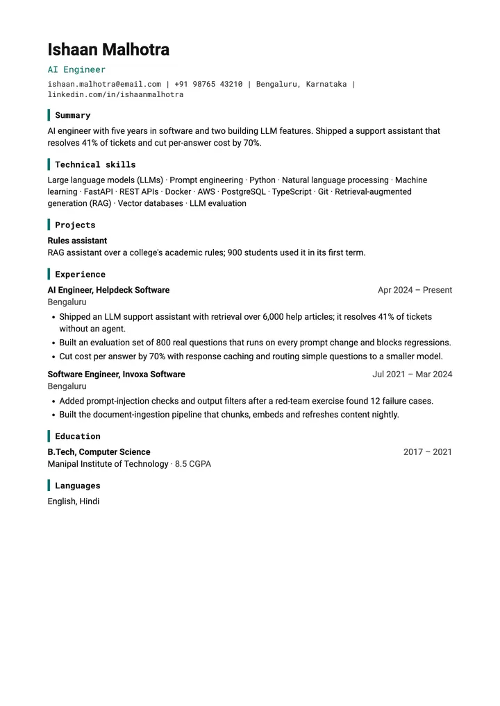 Sample AI Engineer resume in the Technical template, one A4 page