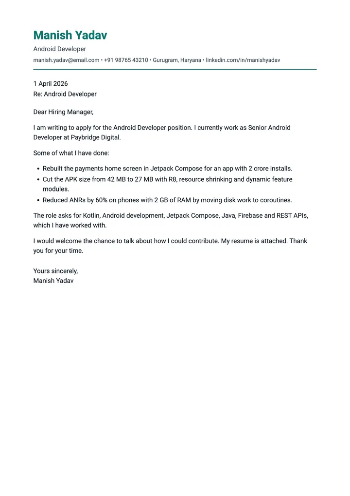 Sample Android Developer cover letter, one A4 page