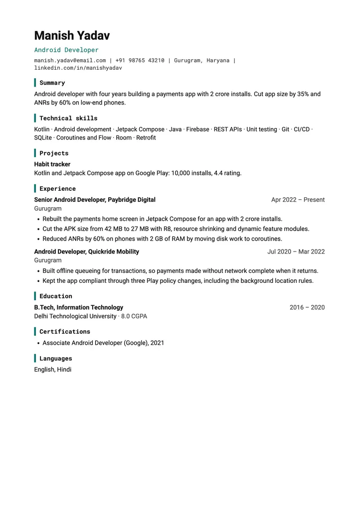Sample Android Developer resume in the Technical template, one A4 page