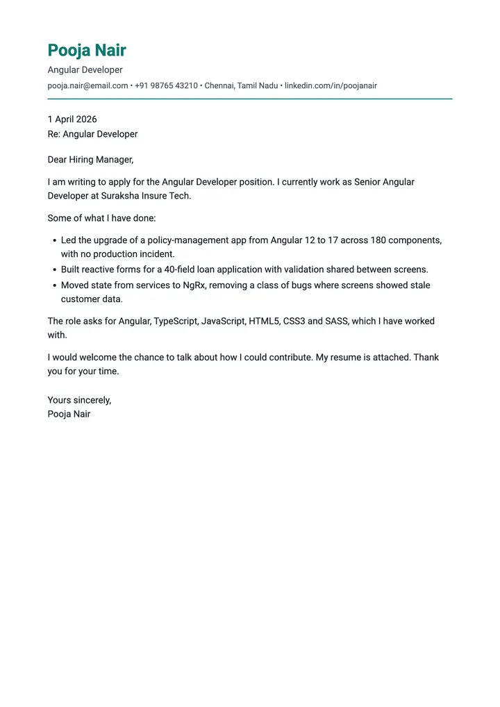 Sample Angular Developer cover letter, one A4 page