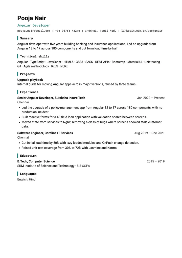 Sample Angular Developer resume in the Technical template, one A4 page