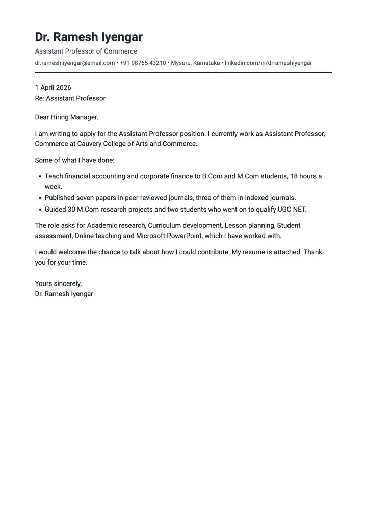Sample Assistant Professor cover letter, one A4 page