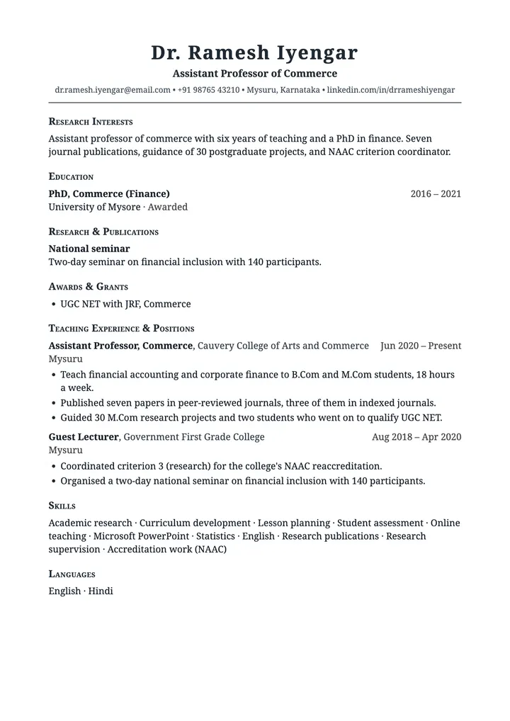 Sample Assistant Professor resume in the Academic CV template, one A4 page