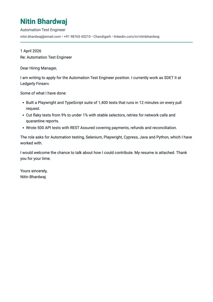 Sample Automation Test Engineer cover letter, one A4 page