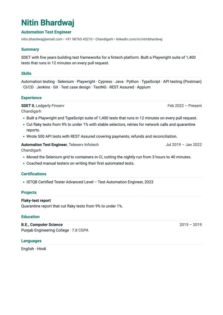 Sample Automation Test Engineer resume in the Quality template, one A4 page