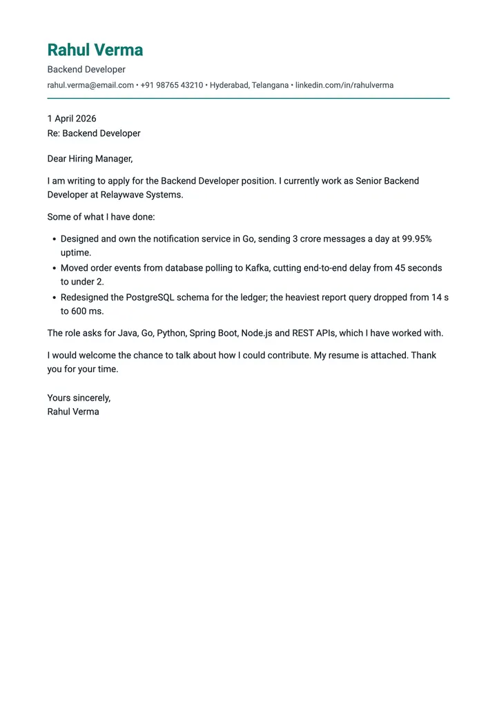 Sample Backend Developer cover letter, one A4 page