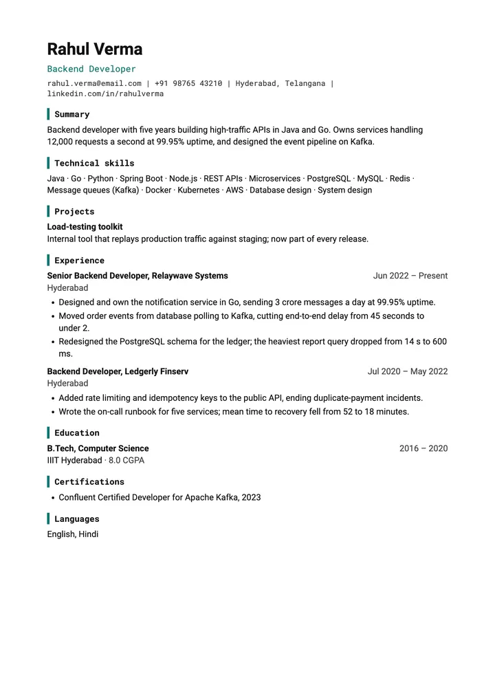 Sample Backend Developer resume in the Technical template, one A4 page