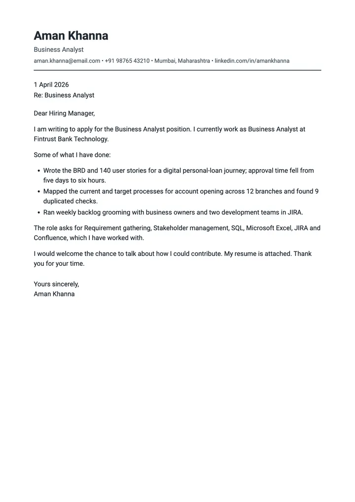 Sample Business Analyst cover letter, one A4 page