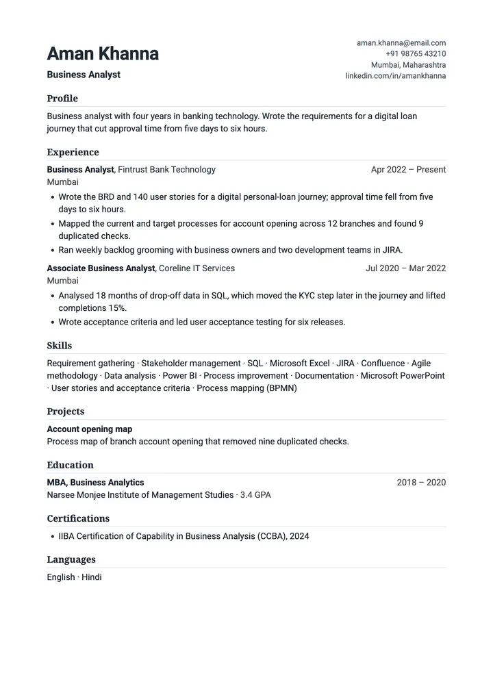 Sample Business Analyst resume in the Consulting template, one A4 page