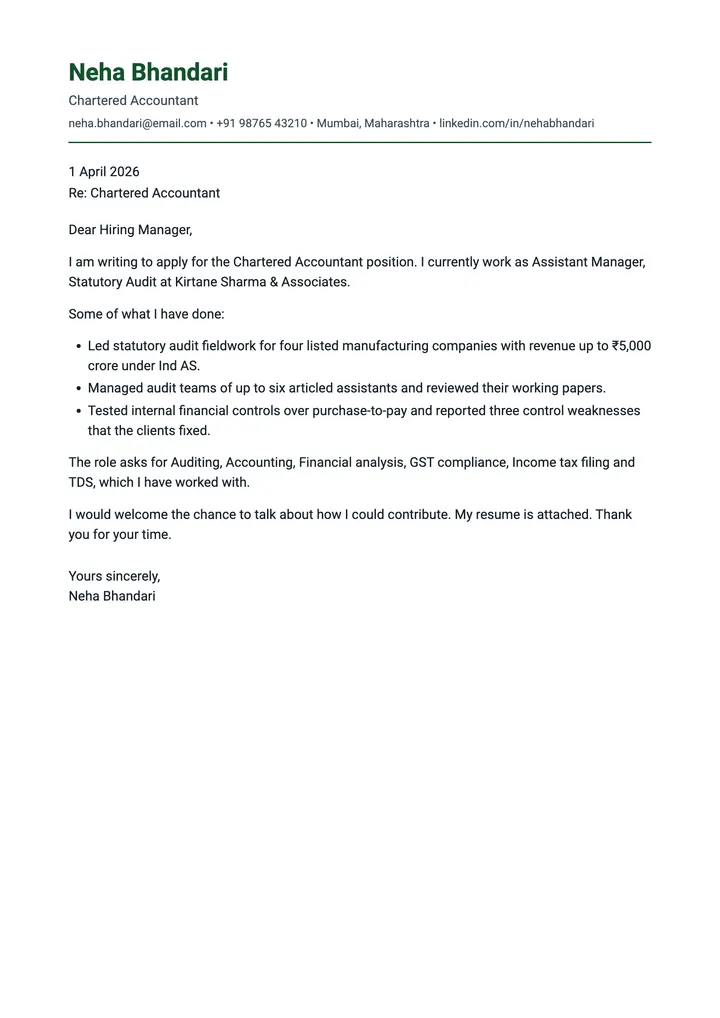Sample Chartered Accountant cover letter, one A4 page