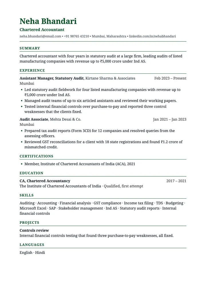 Sample Chartered Accountant resume in the Chartered template, one A4 page