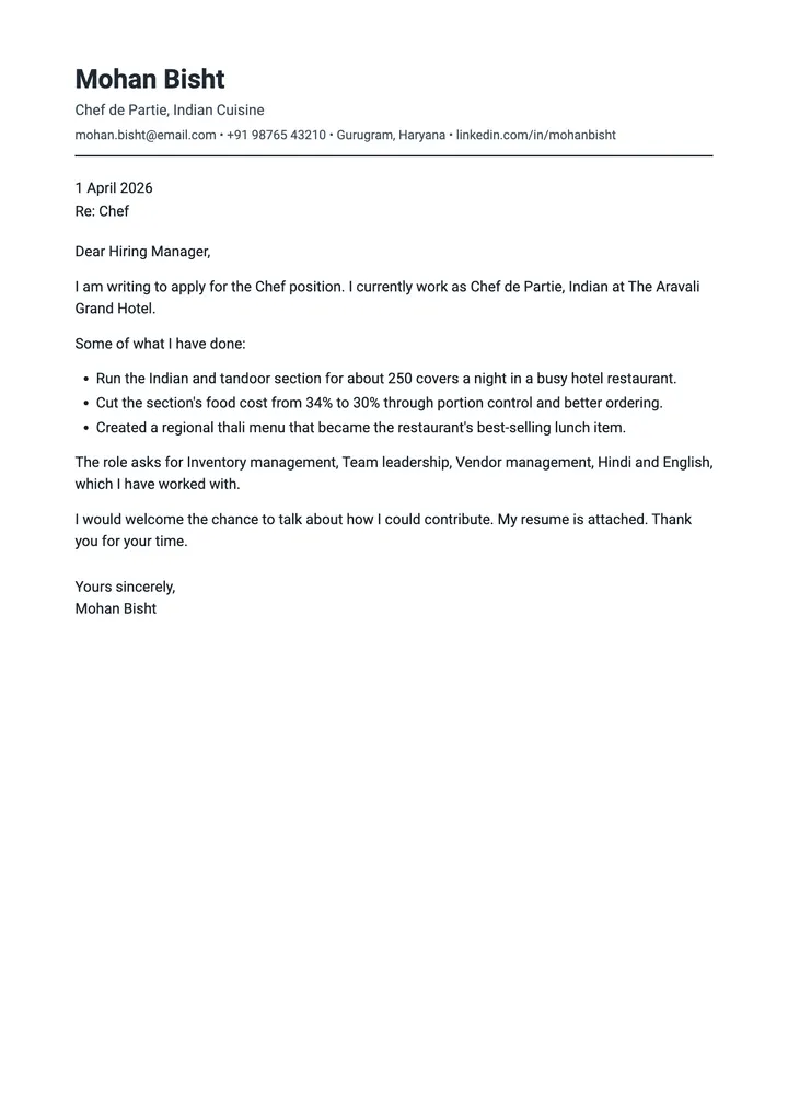 Sample Chef cover letter, one A4 page