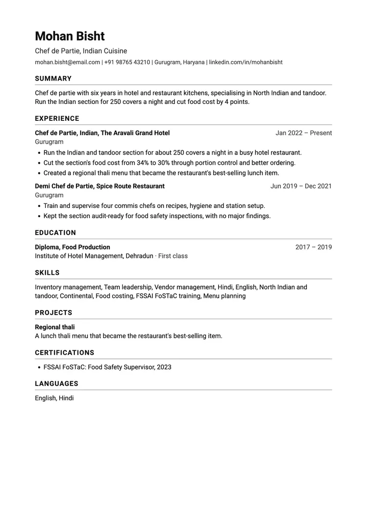 Sample Chef resume in the Classic template, one A4 page