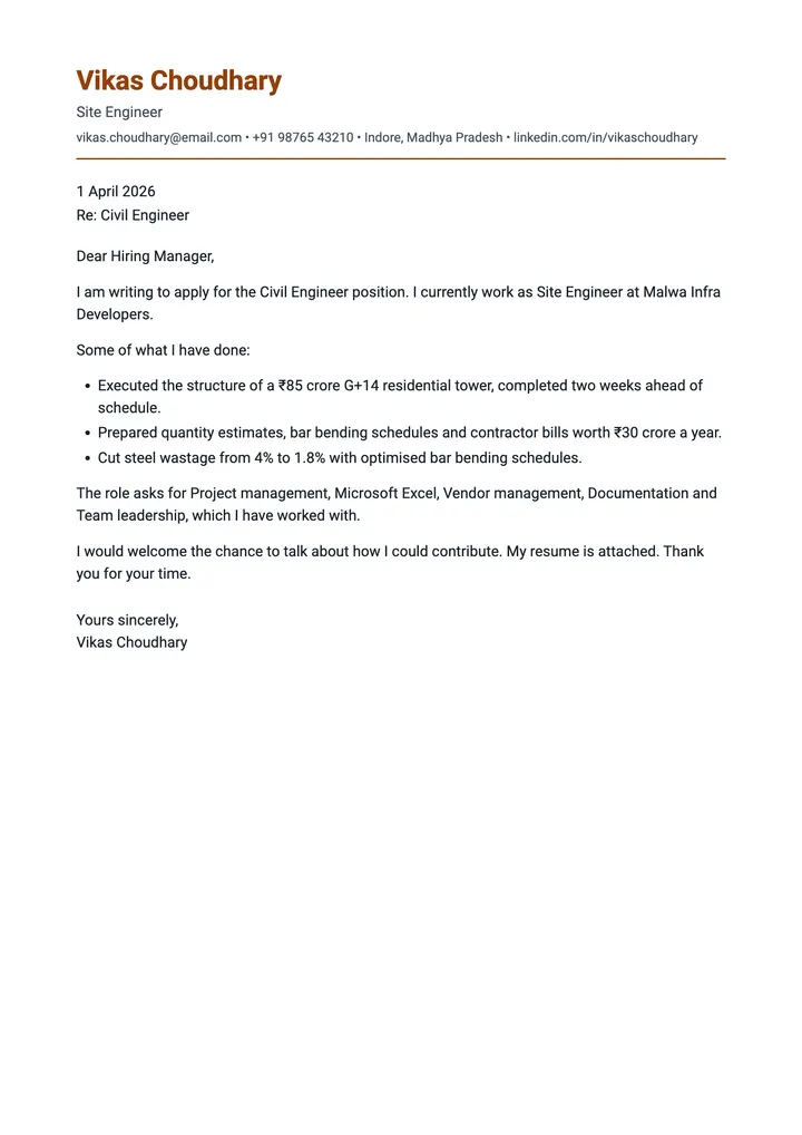 Sample Civil Engineer cover letter, one A4 page