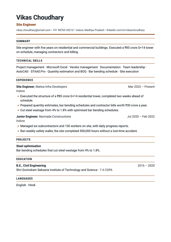 Sample Civil Engineer resume in the Core template, one A4 page