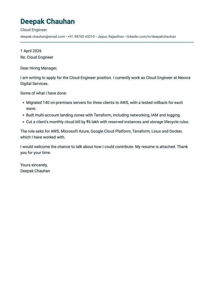 Sample Cloud Engineer cover letter, one A4 page