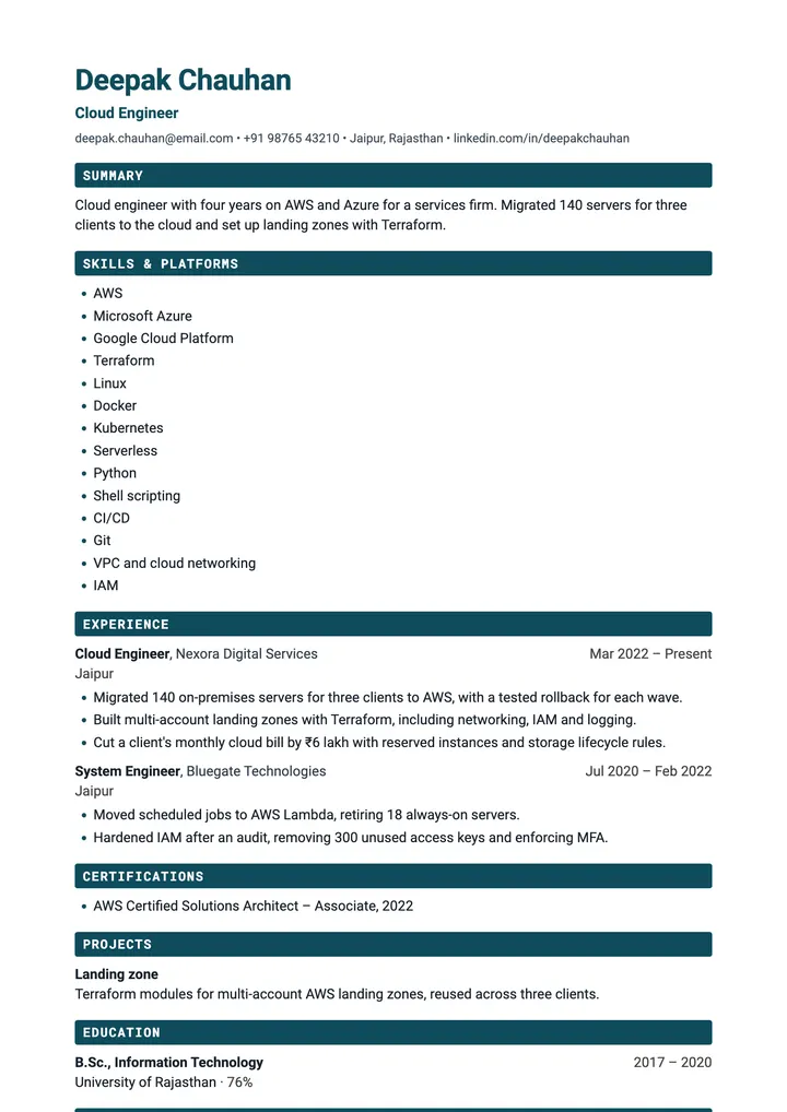 Sample Cloud Engineer resume in the DevOps template, one A4 page