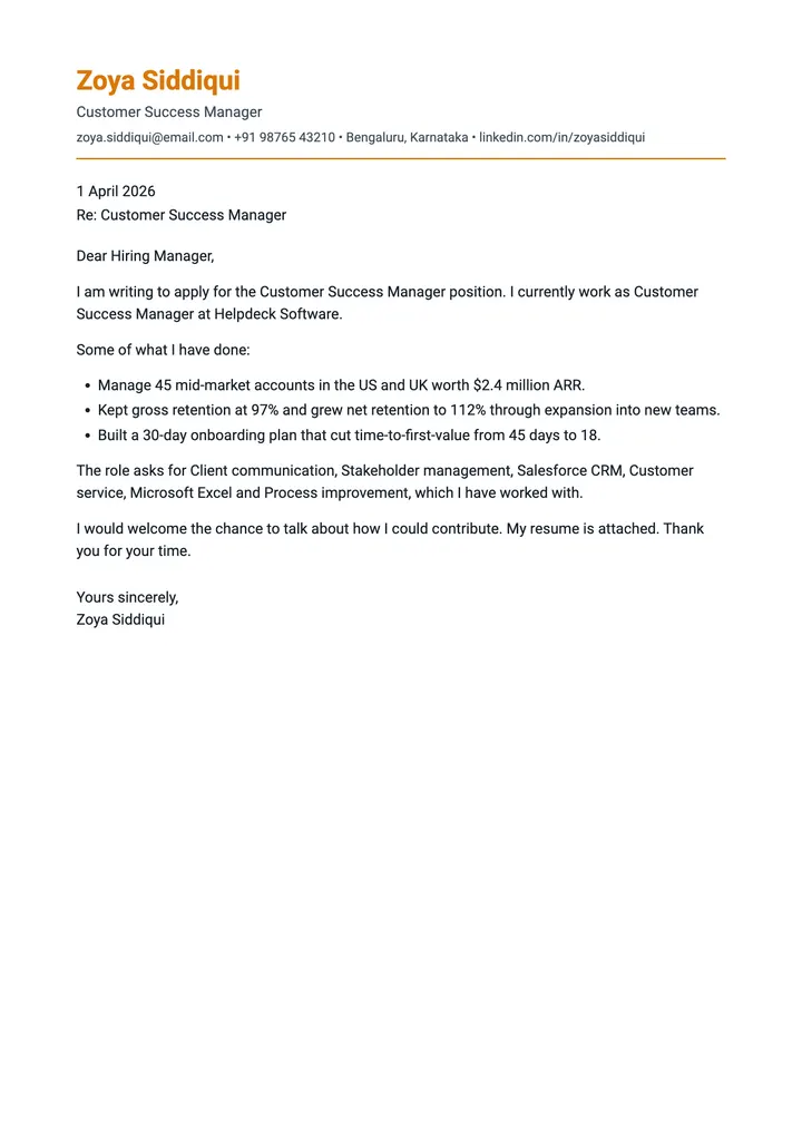 Sample Customer Success Manager cover letter, one A4 page