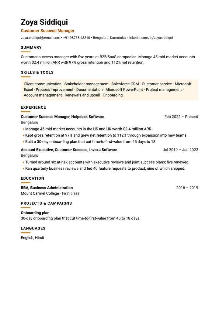 Sample Customer Success Manager resume in the Impact template, one A4 page