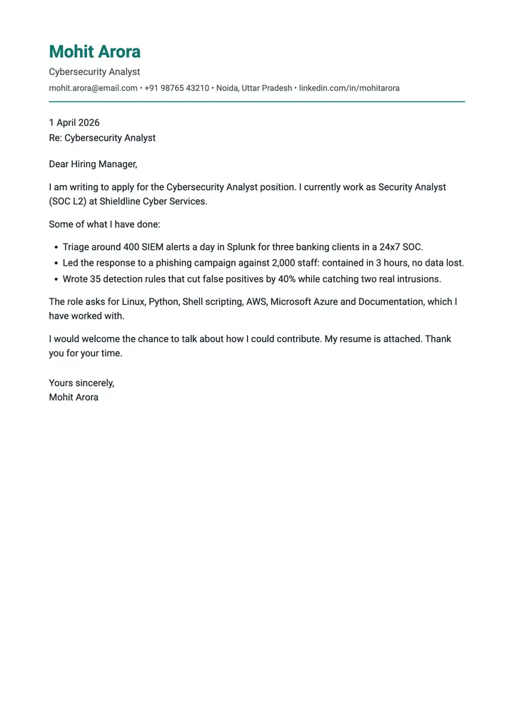 Sample Cybersecurity Analyst cover letter, one A4 page