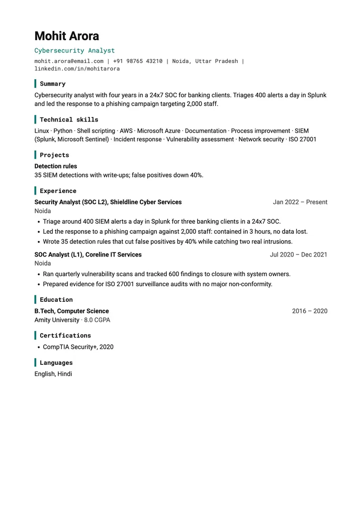 Sample Cybersecurity Analyst resume in the Technical template, one A4 page
