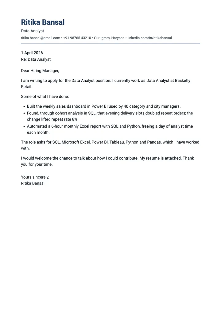 Sample Data Analyst cover letter, one A4 page