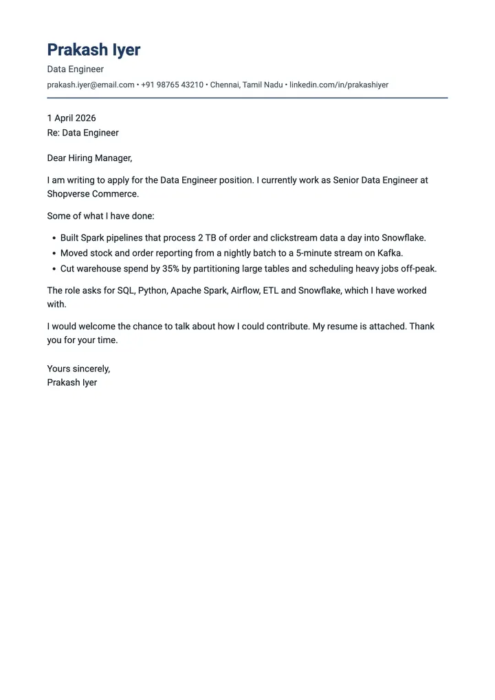 Sample Data Engineer cover letter, one A4 page