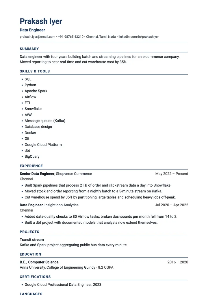 Sample Data Engineer resume in the Analytics template, one A4 page