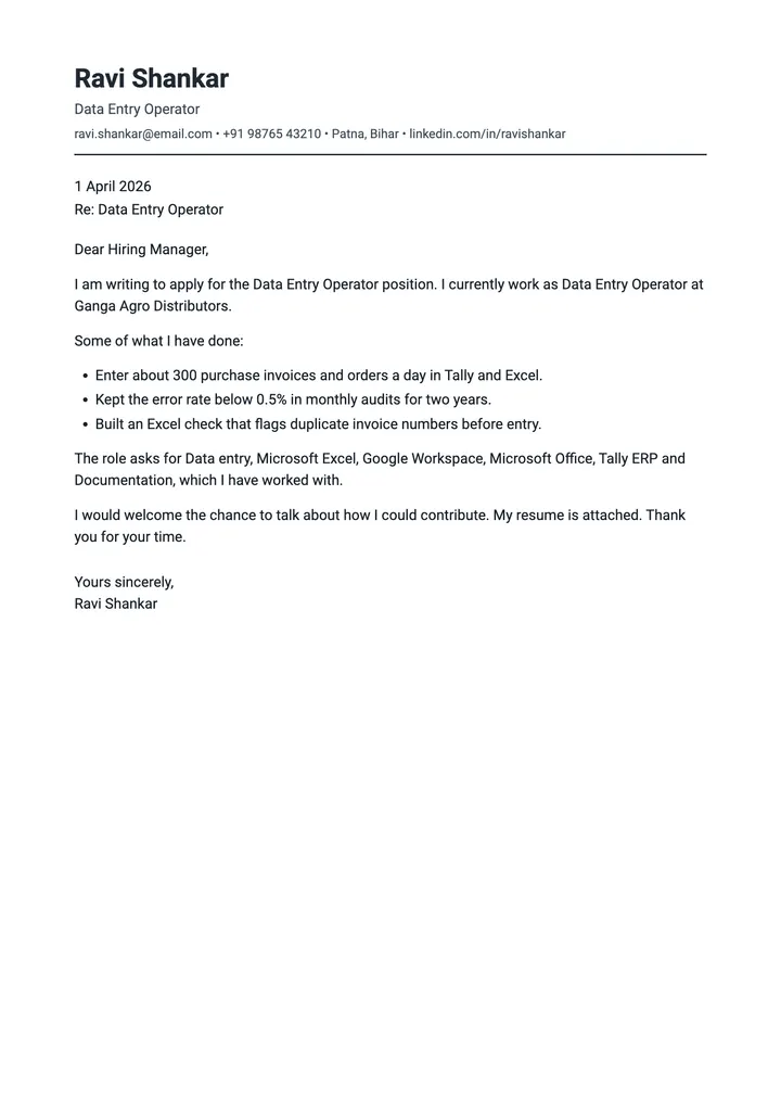 Sample Data Entry Operator cover letter, one A4 page