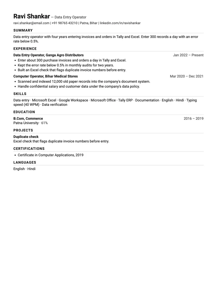 Sample Data Entry Operator resume in the Compact template, one A4 page
