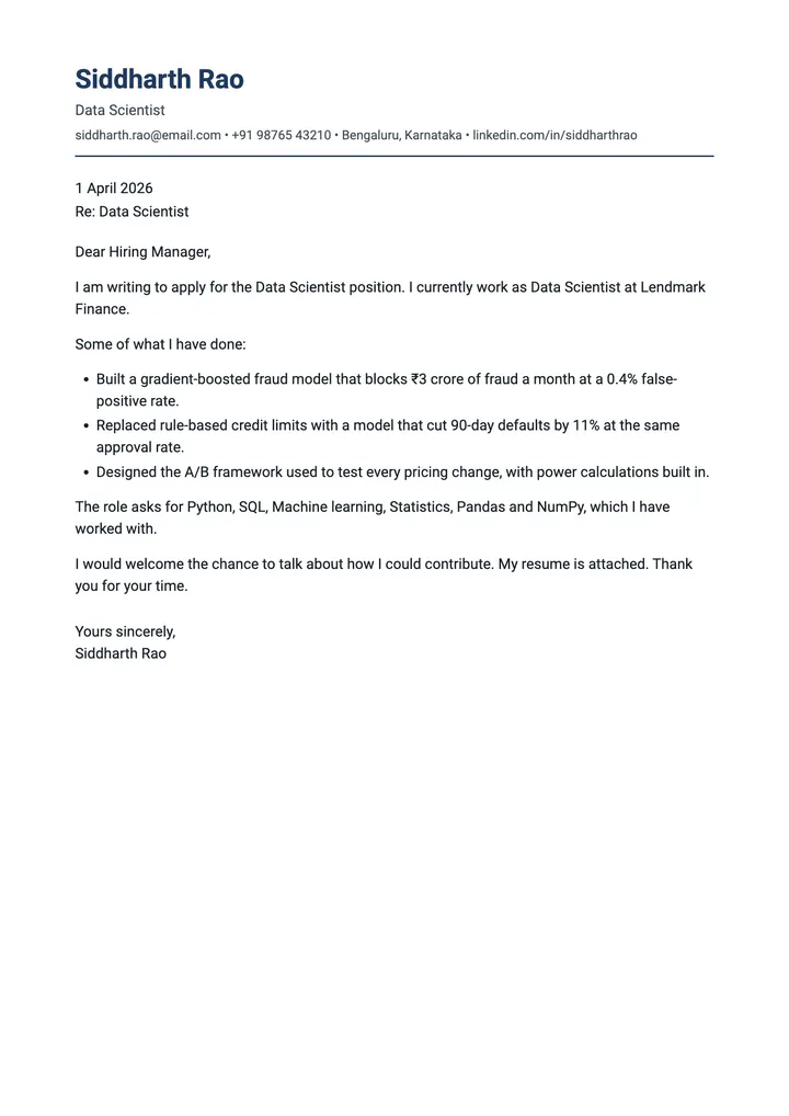Sample Data Scientist cover letter, one A4 page