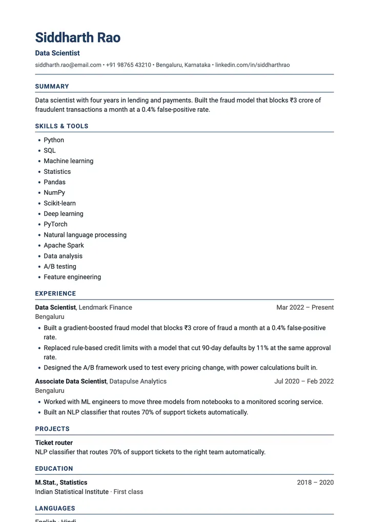 Sample Data Scientist resume in the Analytics template, one A4 page
