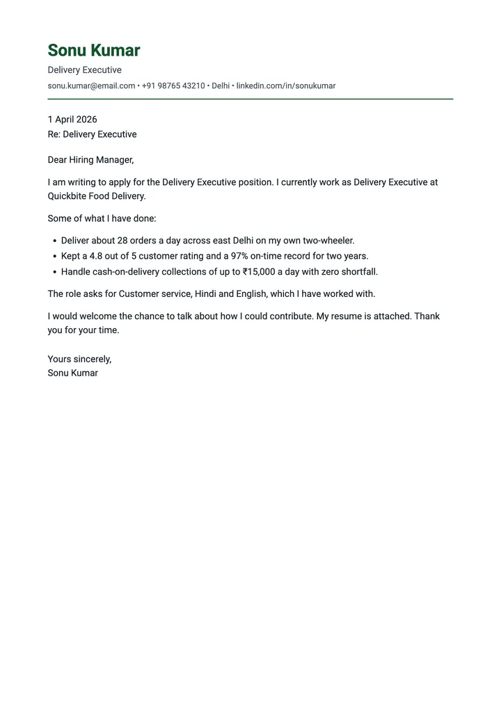 Sample Delivery Executive cover letter, one A4 page