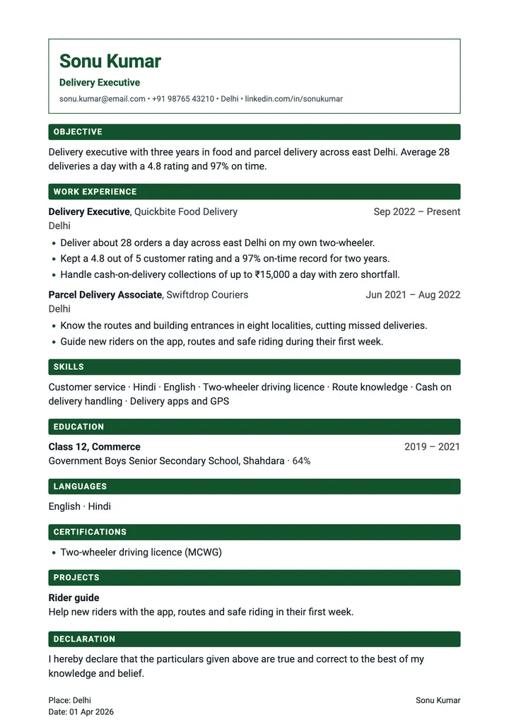 Sample Delivery Executive resume in the Saral template, one A4 page