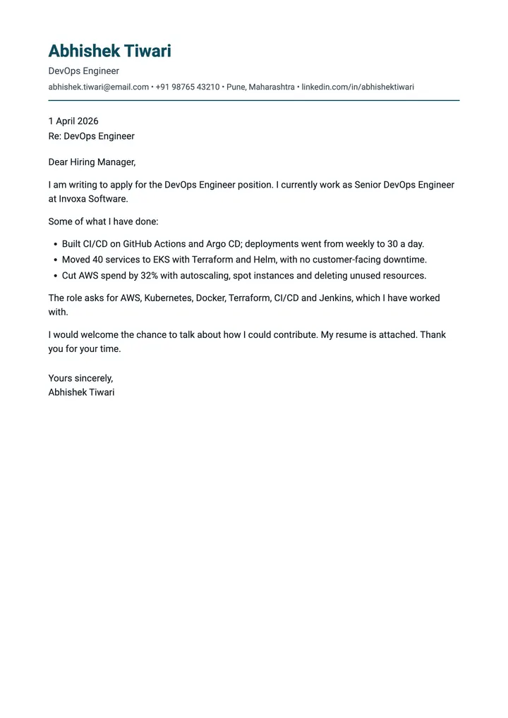 Sample DevOps Engineer cover letter, one A4 page