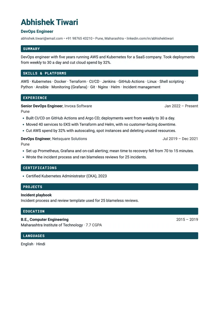 Sample DevOps Engineer resume in the DevOps template, one A4 page