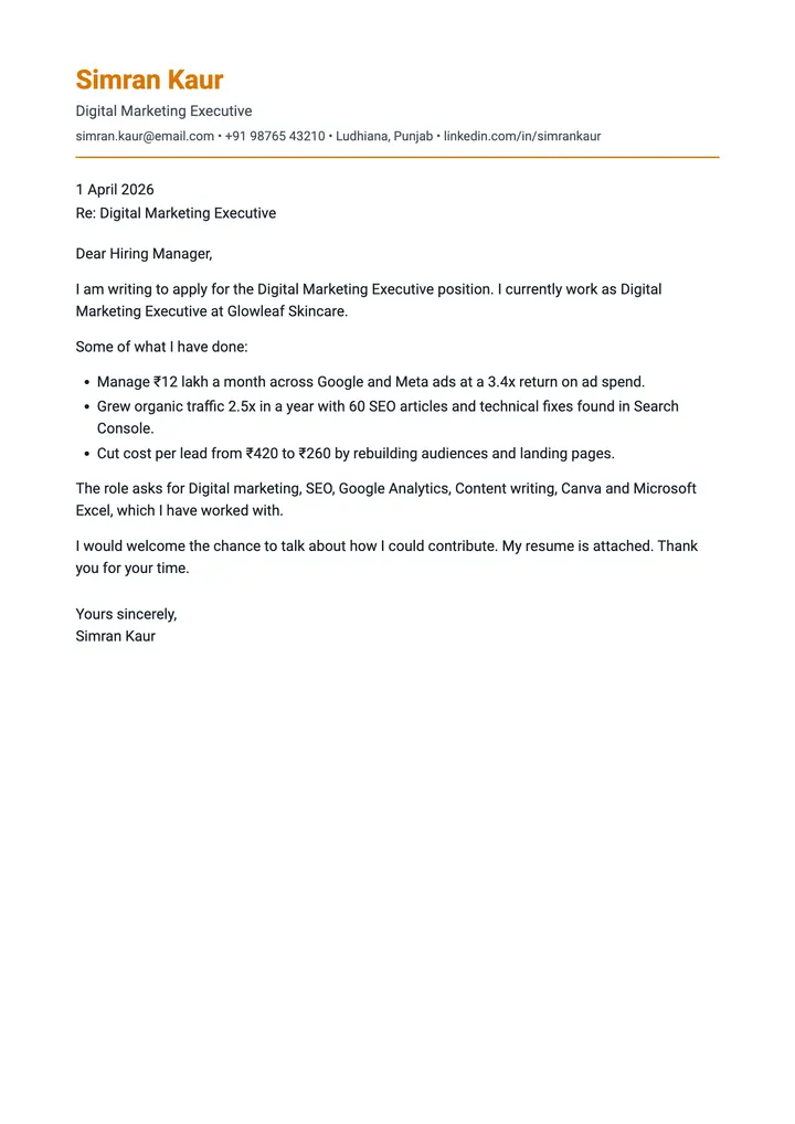 Sample Digital Marketing Executive cover letter, one A4 page