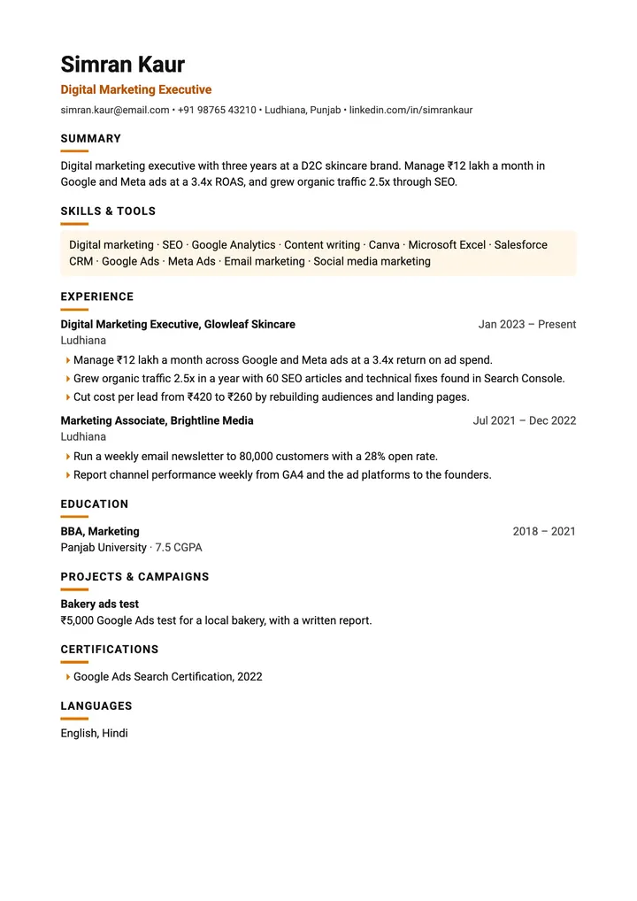 Sample Digital Marketing Executive resume in the Impact template, one A4 page