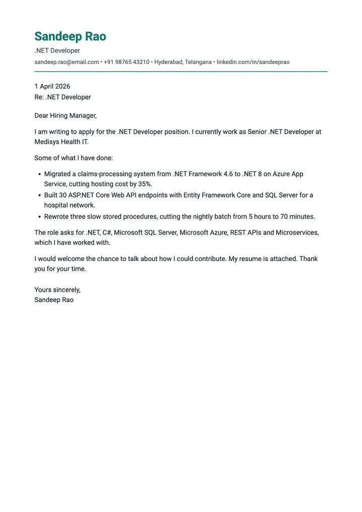 Sample .NET Developer cover letter, one A4 page