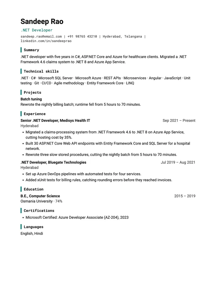 Sample .NET Developer resume in the Technical template, one A4 page