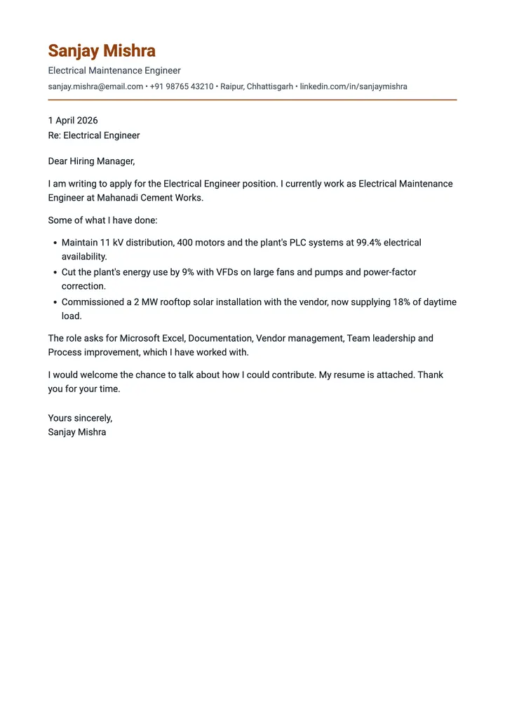Sample Electrical Engineer cover letter, one A4 page