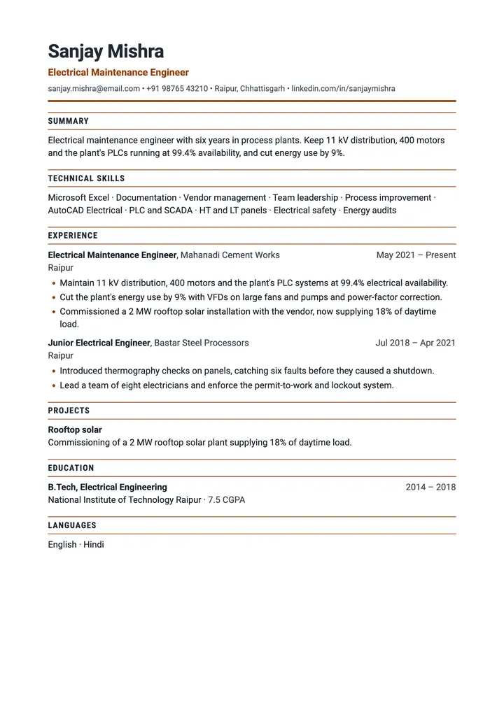 Sample Electrical Engineer resume in the Core template, one A4 page