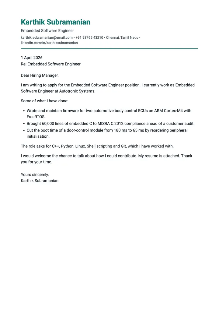 Sample Embedded Software Engineer cover letter, one A4 page