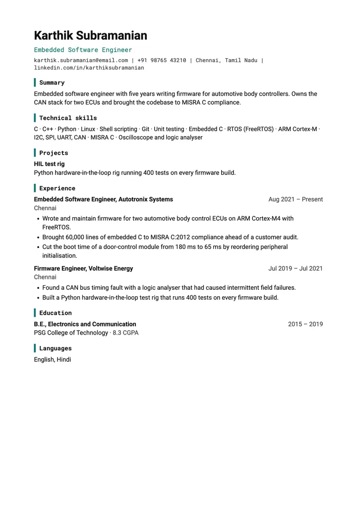 Sample Embedded Software Engineer resume in the Technical template, one A4 page