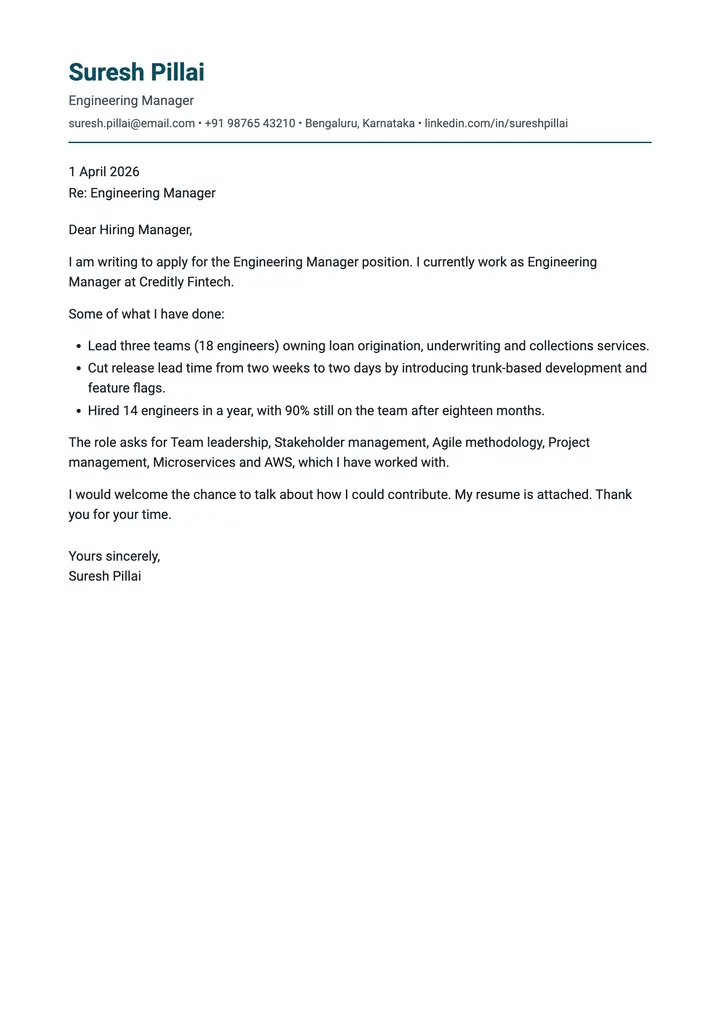 Sample Engineering Manager cover letter, one A4 page