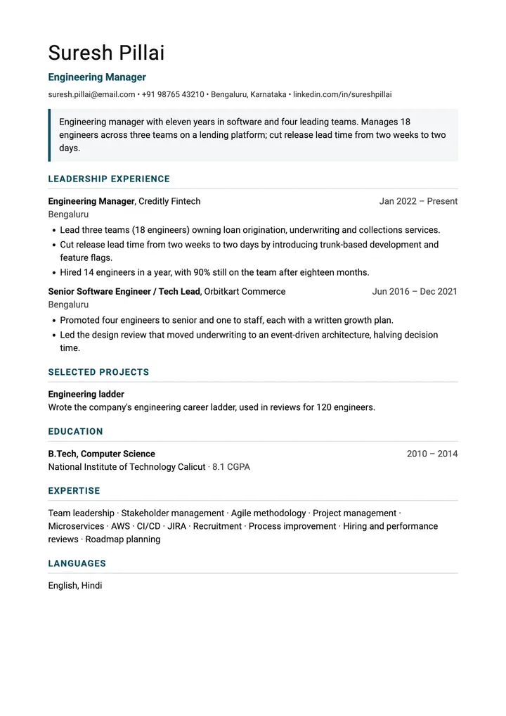 Sample Engineering Manager resume in the Executive template, one A4 page