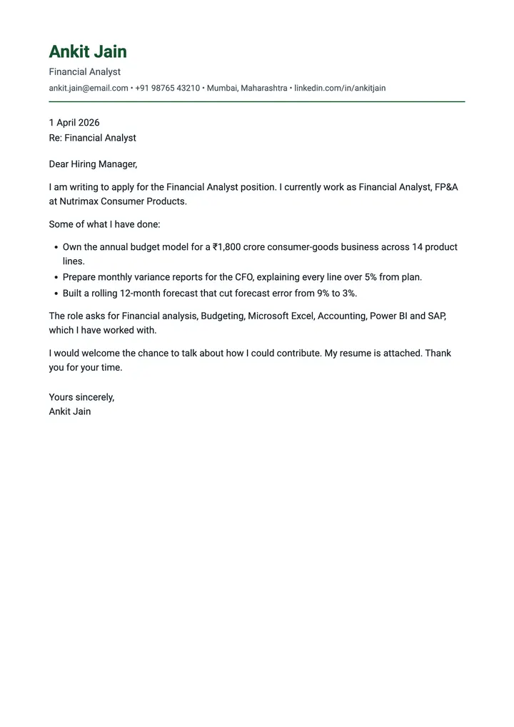 Sample Financial Analyst cover letter, one A4 page