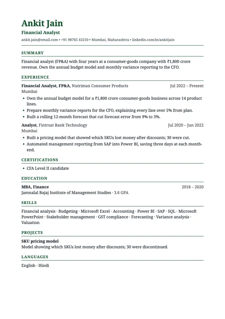 Sample Financial Analyst resume in the Chartered template, one A4 page